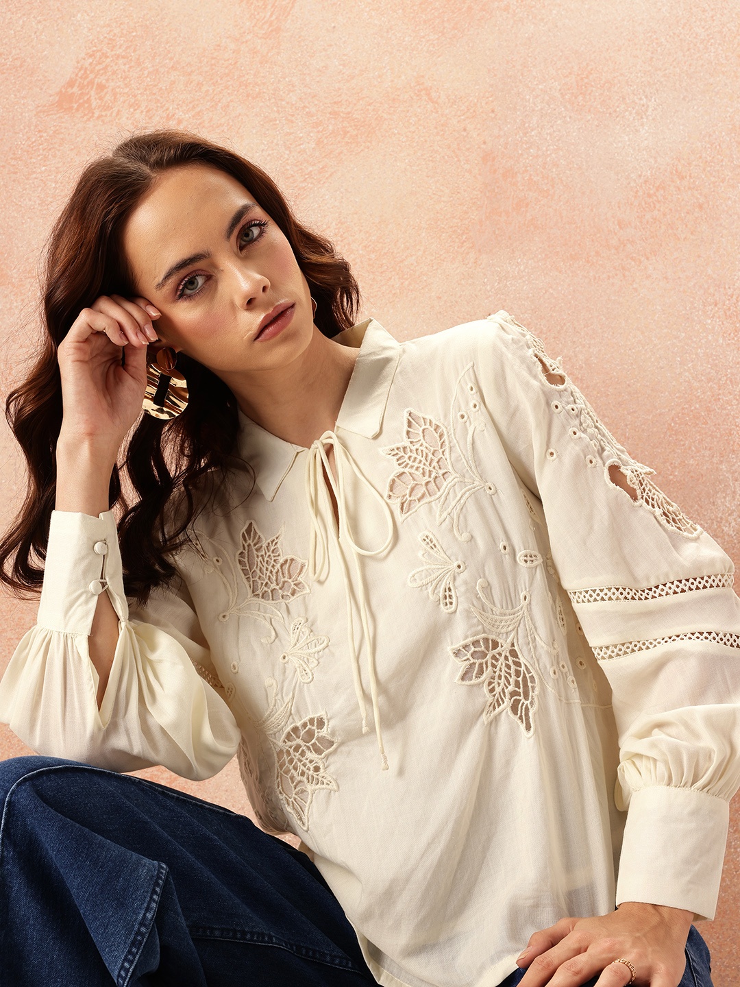 

all about you Floral Tie-Up Neck Shirt Style Top, Cream