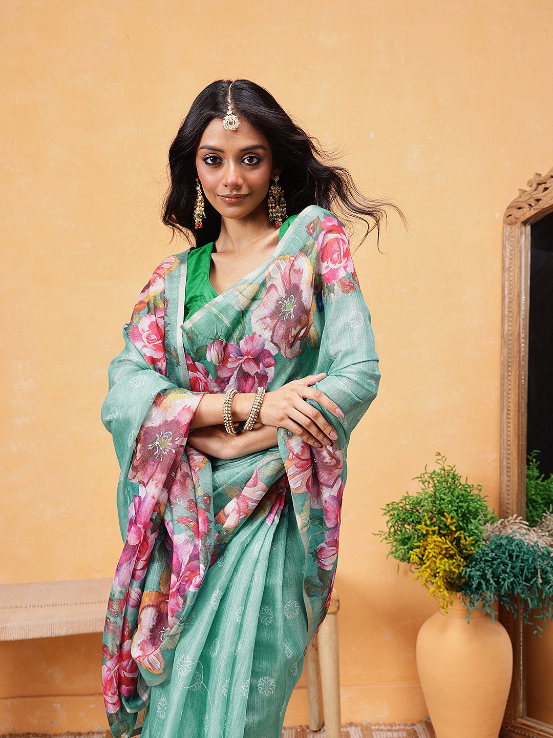 

Silk Land Floral Printed Ready to Wear Saree, Teal