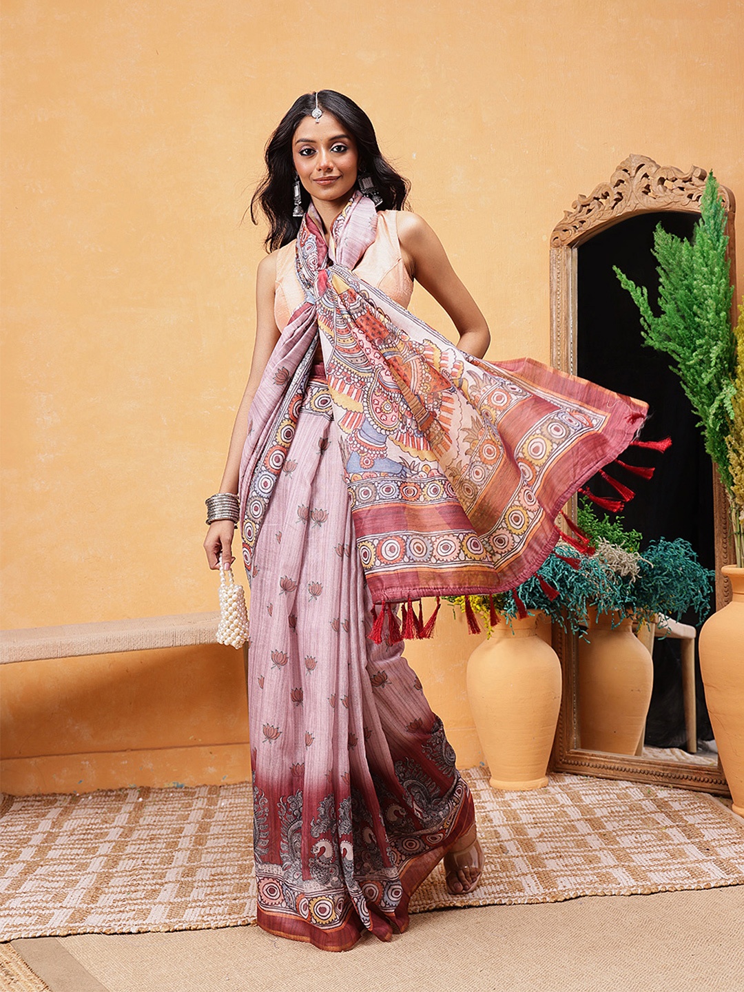 

Madhubani Kalamkari Printed Ready To Wear Chanderi Saree, Rust