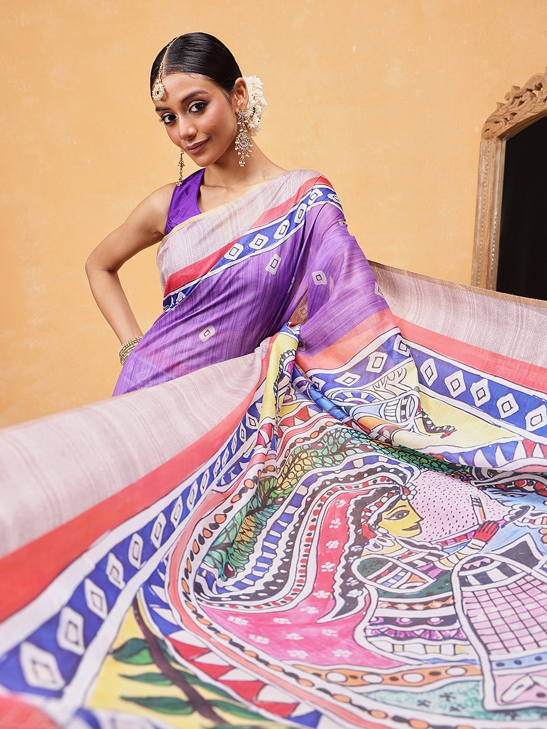 

Silk Land Madhubani Printed Ready To Wear Saree, Purple