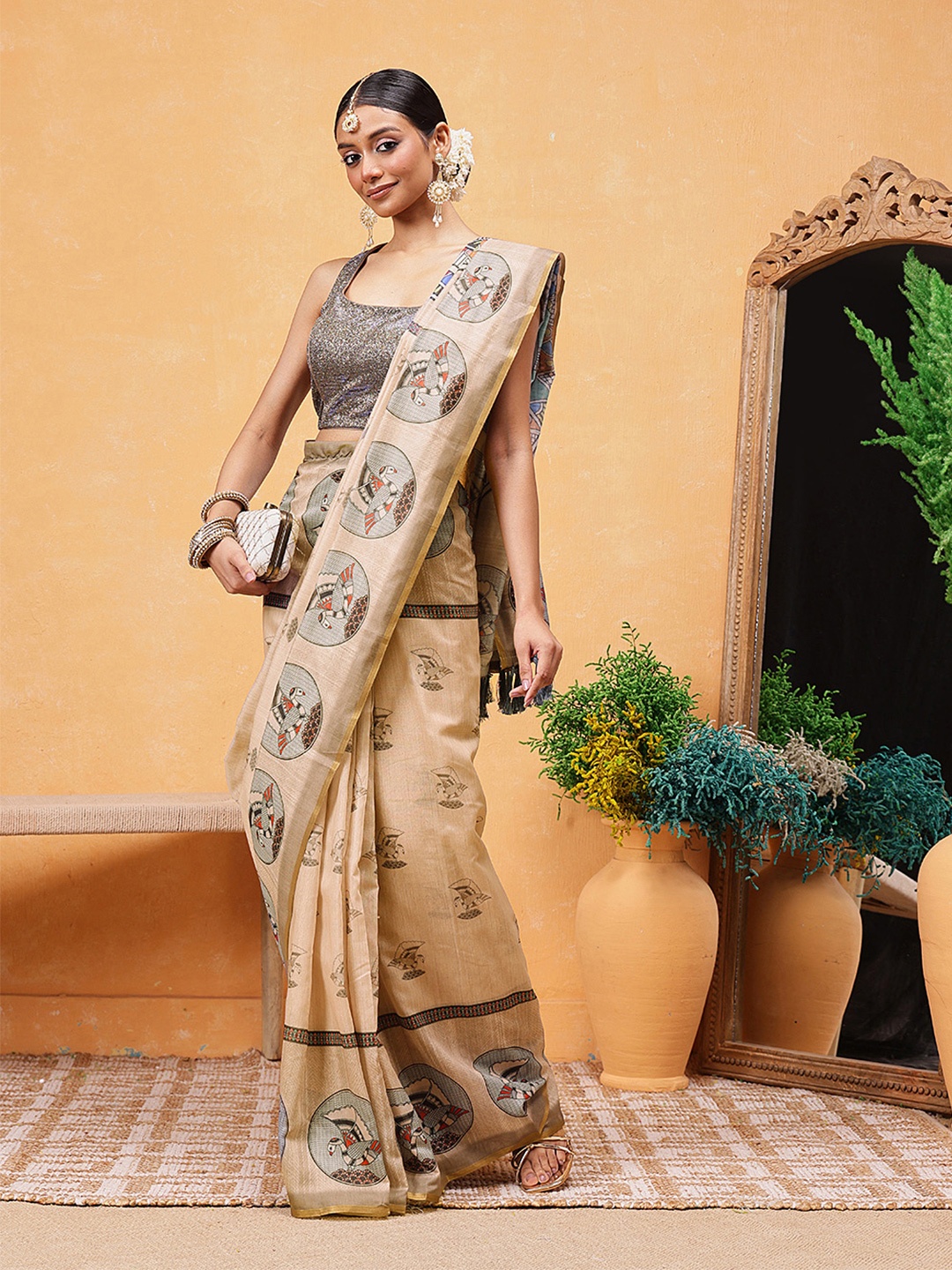 

Silk Land Madhubani Printed Ready To Wear Chanderi Saree, Beige