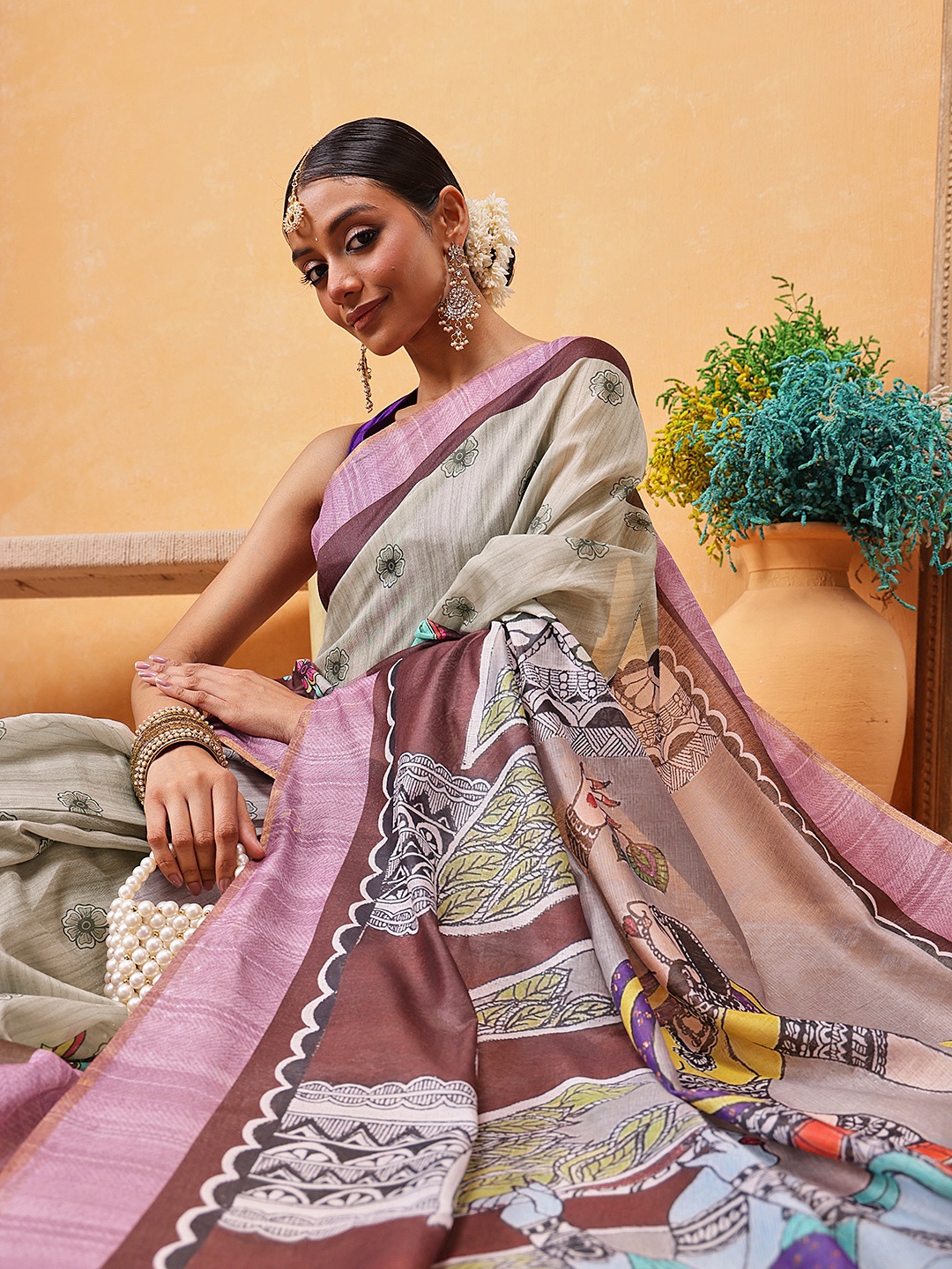 

Silk Land Printed Kalamkari Chanderi Ready to Wear Saree, Grey