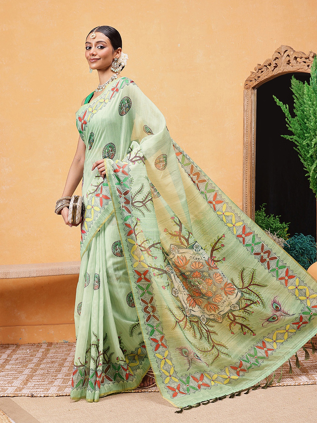 

Silk Land Madhubani Printed Ready To Wear Saree, Green