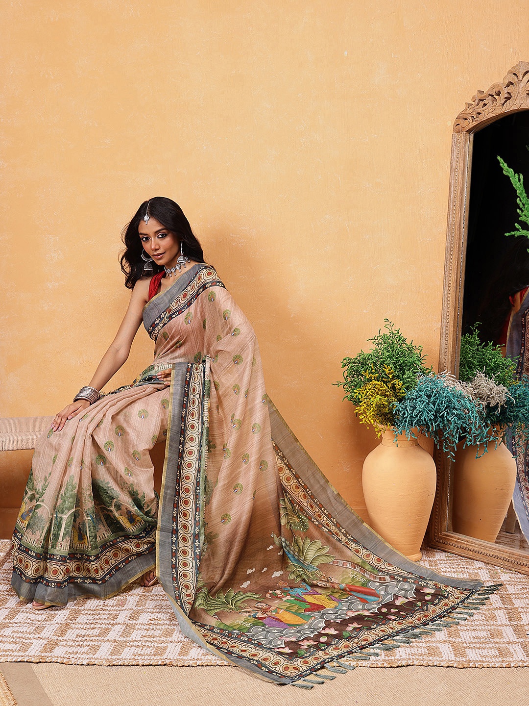 

Silk Land Madhubani Kalamkari Printed Ready To Wear Chanderi Saree, Beige