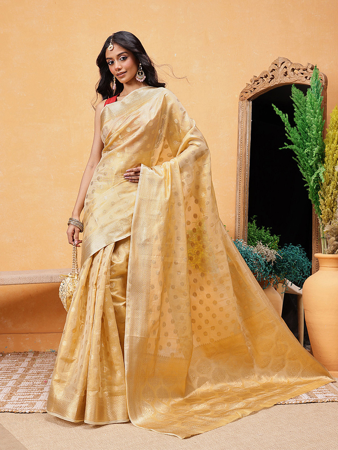

Silk Land Woven Design Zari Tissue Ready to Wear Kanjeevaram Saree, Beige