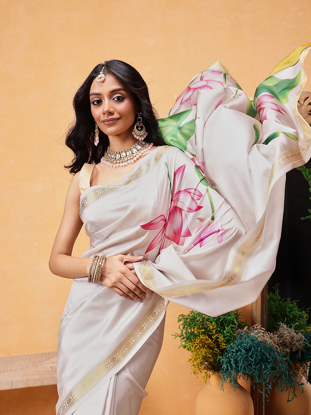

Silk Land Floral Printed Zari Ready to Wear Kasavu Saree, Off white