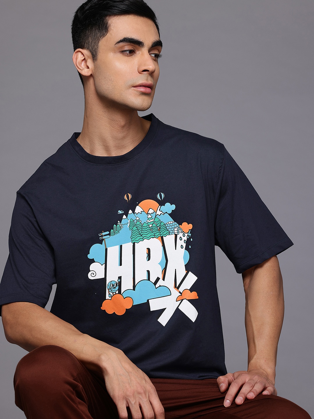 

HRX by Hrithik Roshan Men Brand Logo Printed T-shirt, Navy blue