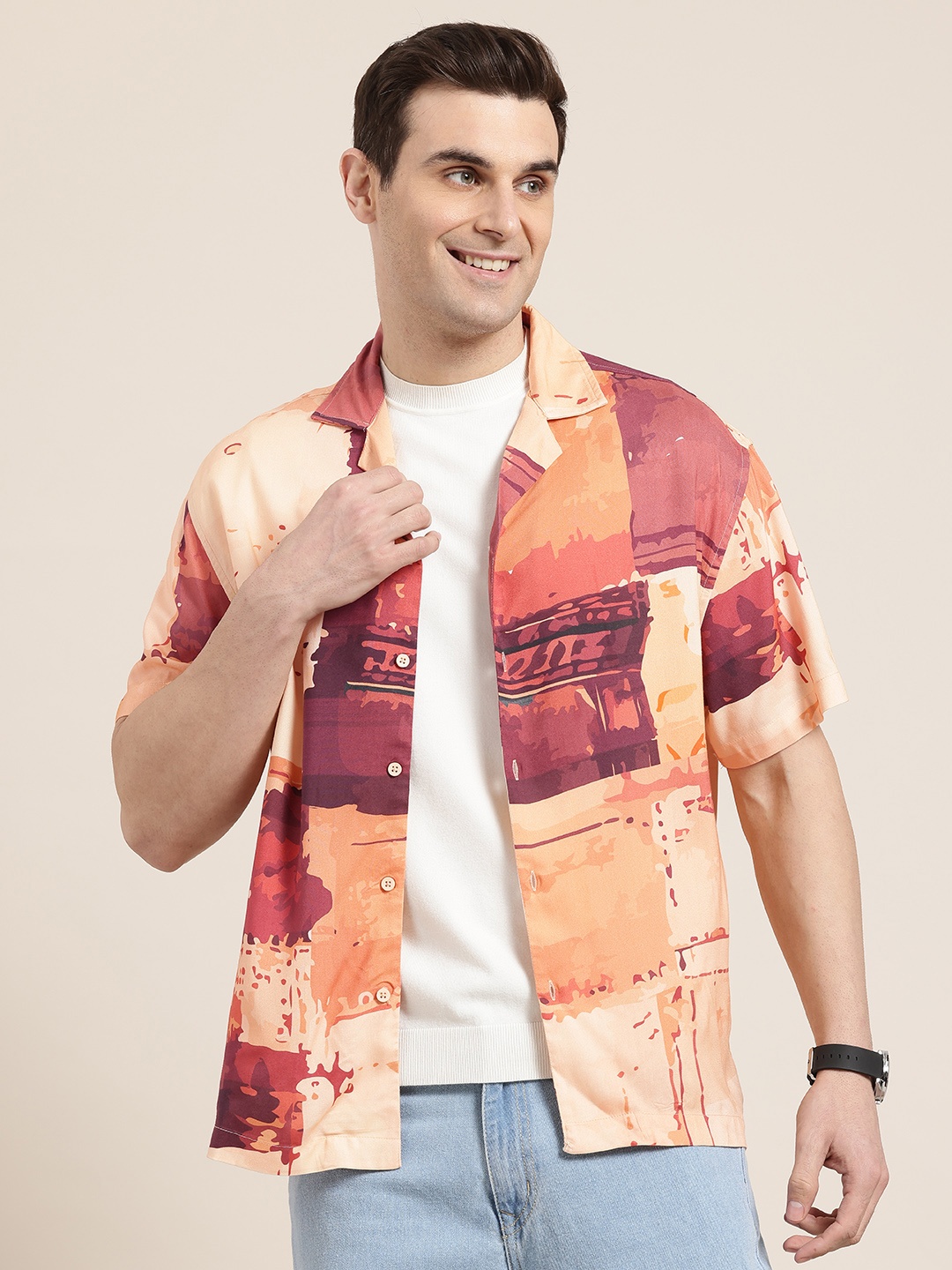 

HERE&NOW Men Printed Relaxed Fit Casual Shirt, Peach