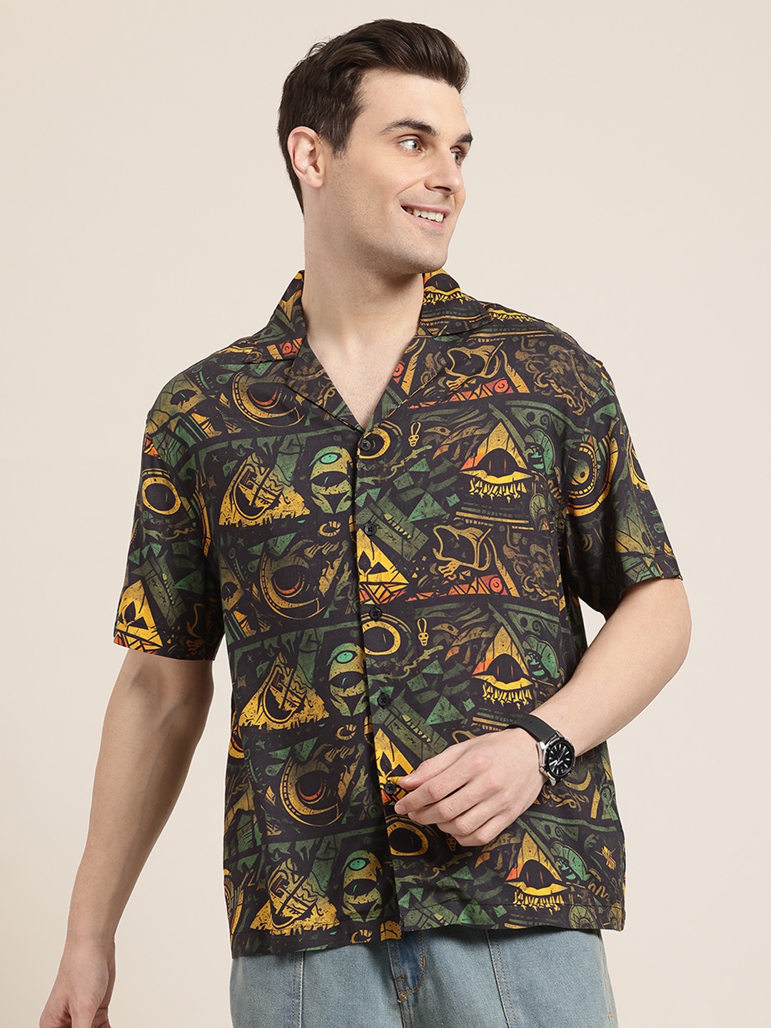 

HERE&NOW Men Printed Relaxed Fit Casual Shirt, Green