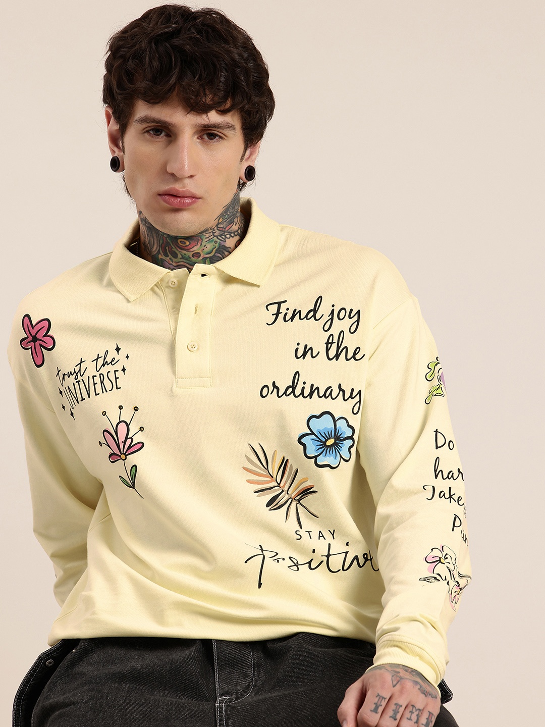 

HERE&NOW Typography Printed Polo Collar Drop-Shoulder Sleeves Pure Cotton Relaxed T-shirt, Yellow
