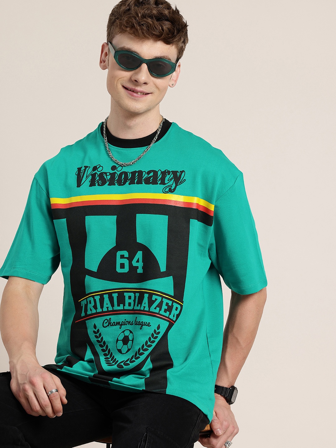 

HERE&NOW Printed Drop-Shoulder Sleeves Relaxed Fit Pure Cotton T-shirt, Green