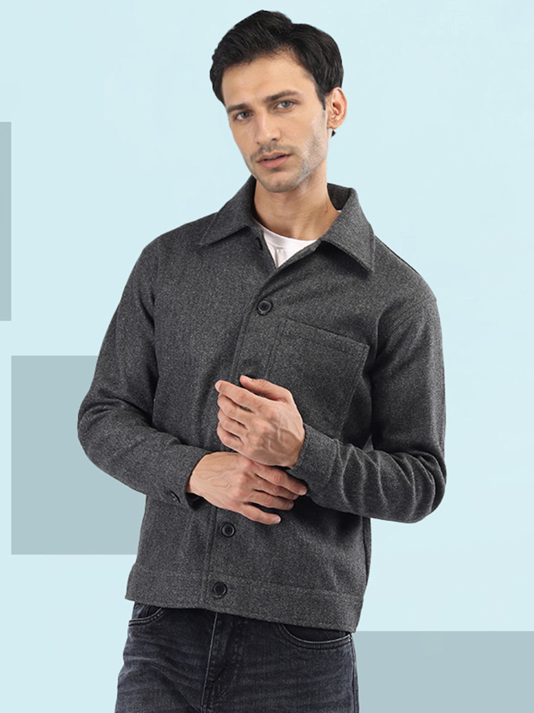 

The Roadster Lifestyle Co Spread Collar Long Sleeve Woolen Shacket, Grey