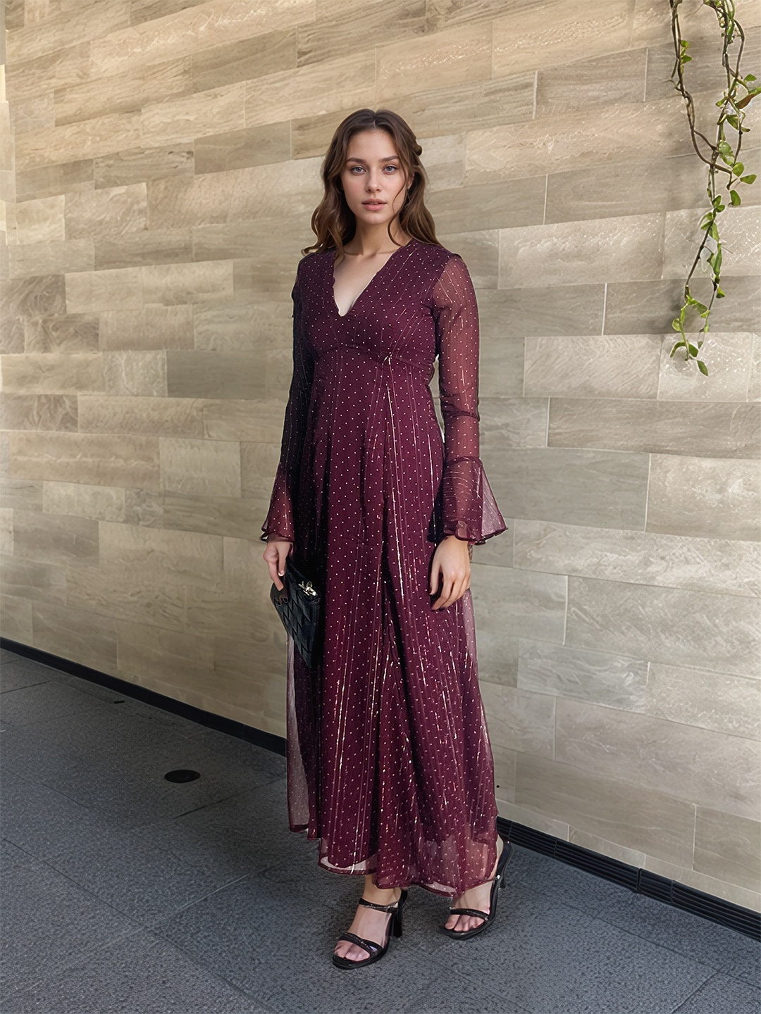 

Stylecast X Hersheinbox V-Neck Polka Dot Print Bell Sleeve Maxi Dress, Burgundy