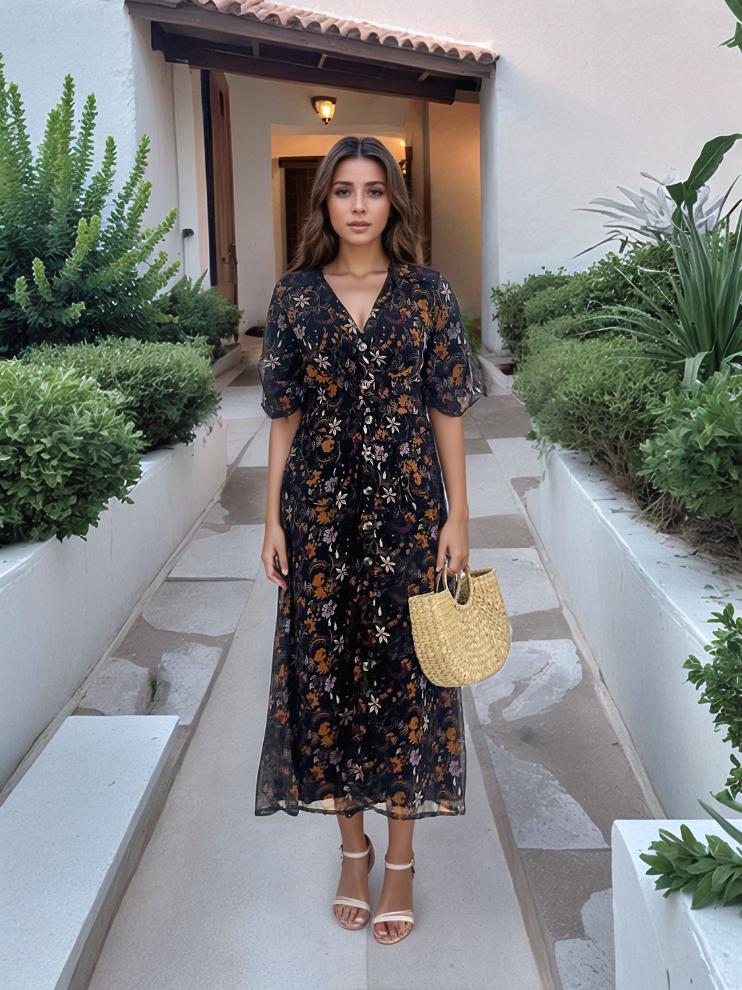 

Stylecast X Hersheinbox Floral Printed A-Line Midi Dress, Black