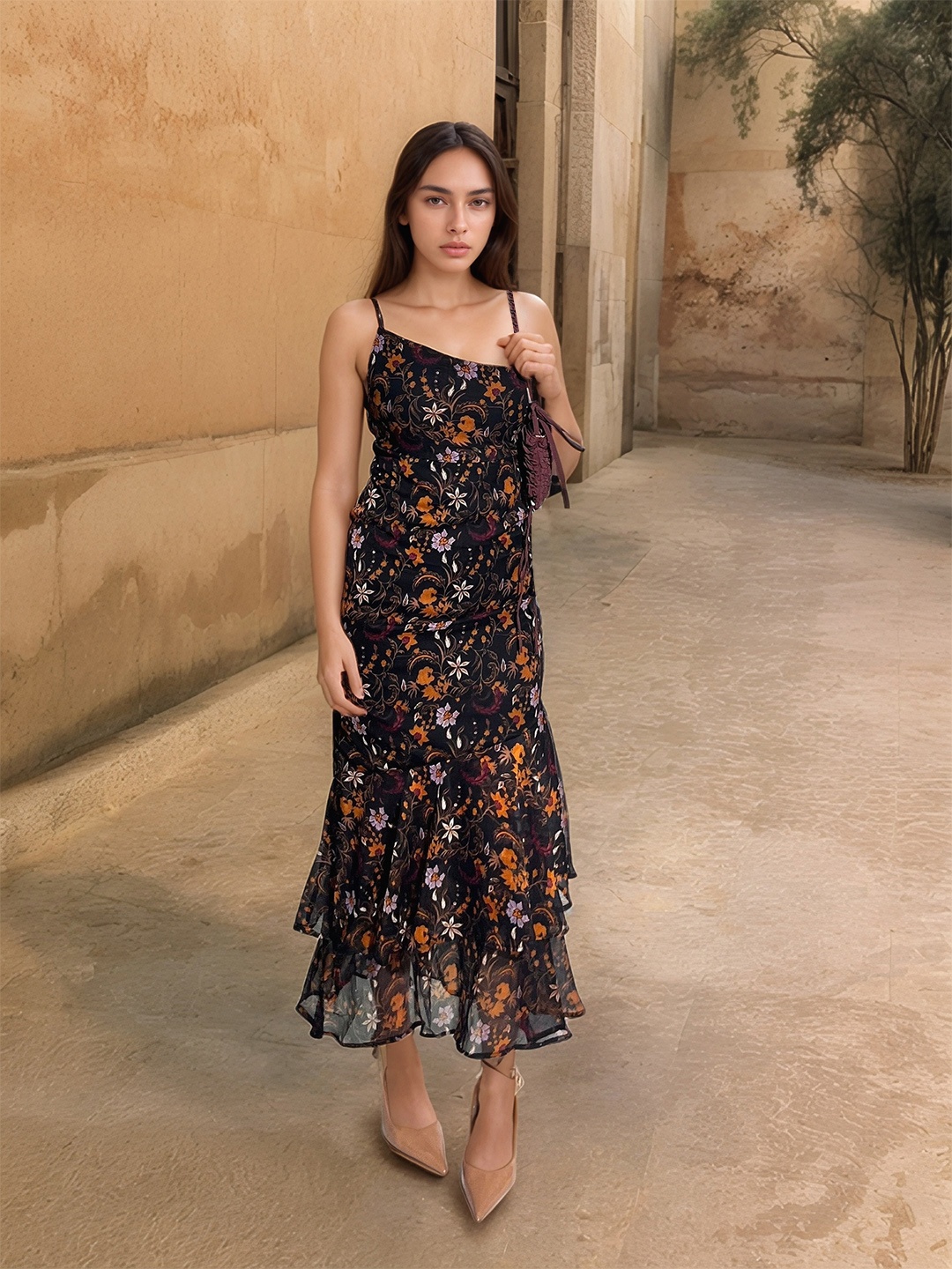 

Stylecast X Hersheinbox Floral Print One Shoulder Sheath Midi Dress, Black