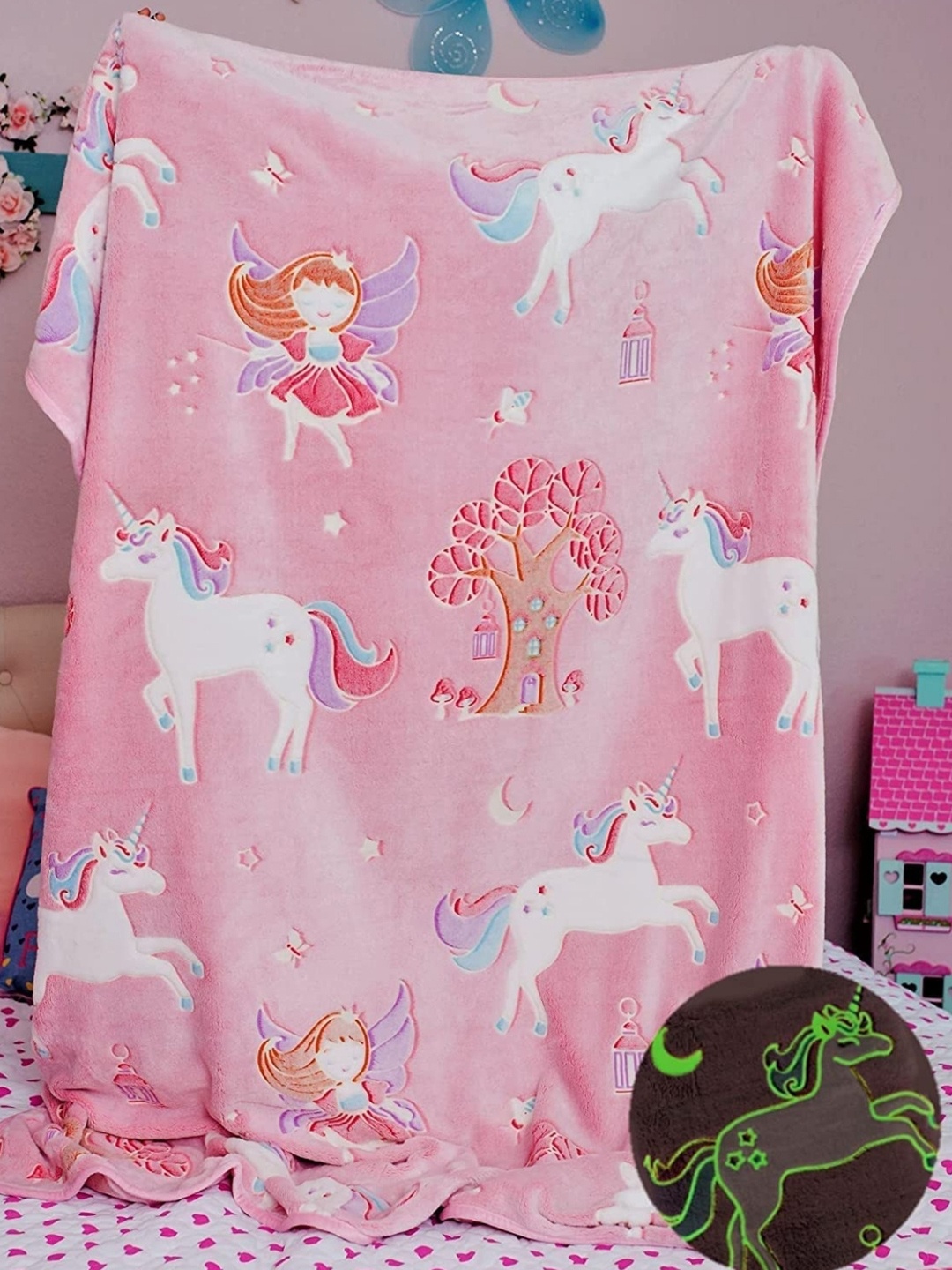 

Famyo Kids Glow in The Dark Pink Fairy Unicorn 220 GSM Queen Size Blanket