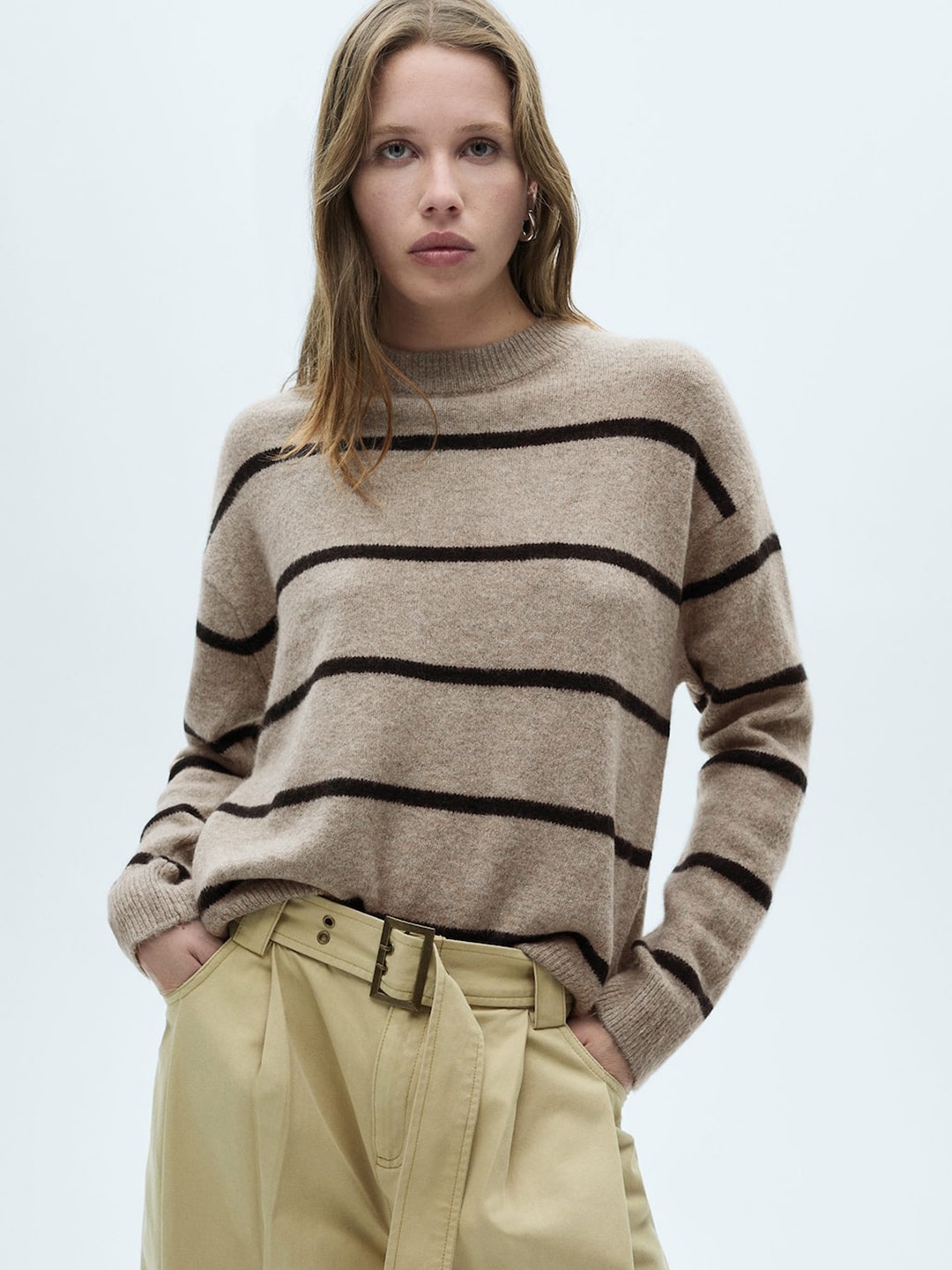 

MANGO Striped Pullover, Taupe