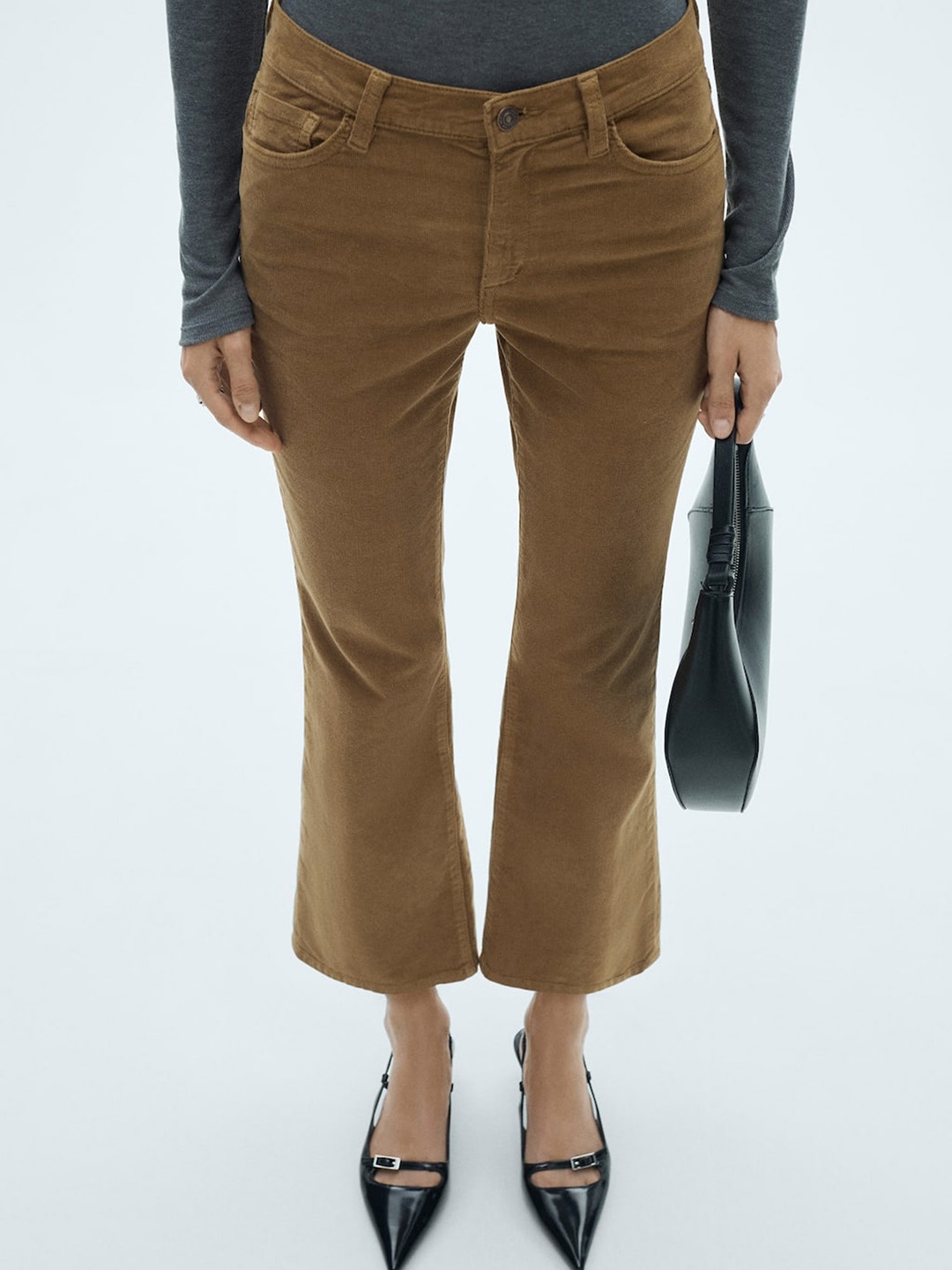 

MANGO Women Crop Corduroy Trousers, Rust