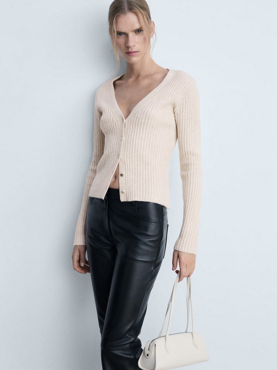 

MANGO Ribbed Cardigan, Beige