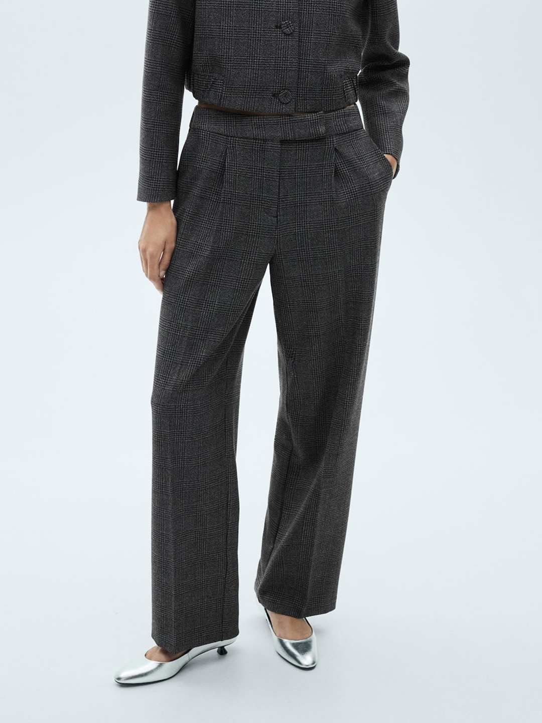 

MANGO Women Checked Pleated Trousers, Charcoal