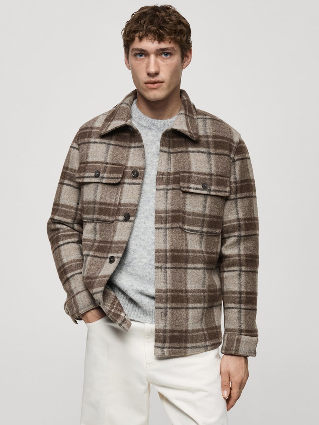 

MANGO MAN Checked Flannel Shacket, Brown