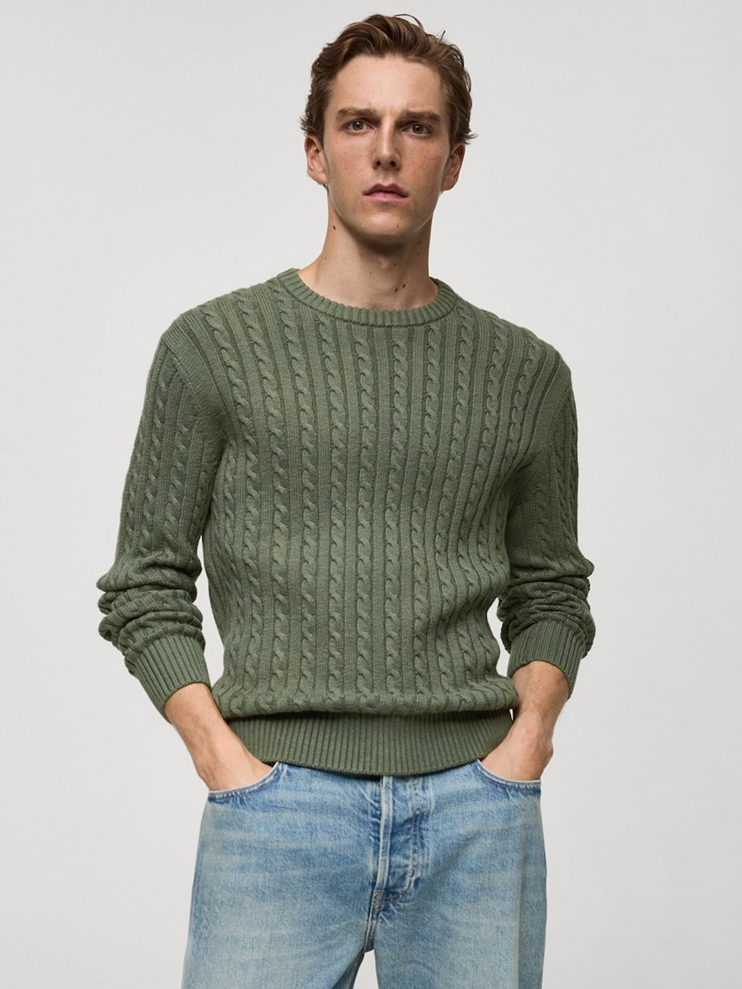 

MANGO MAN Cable Knit Pullover, Olive