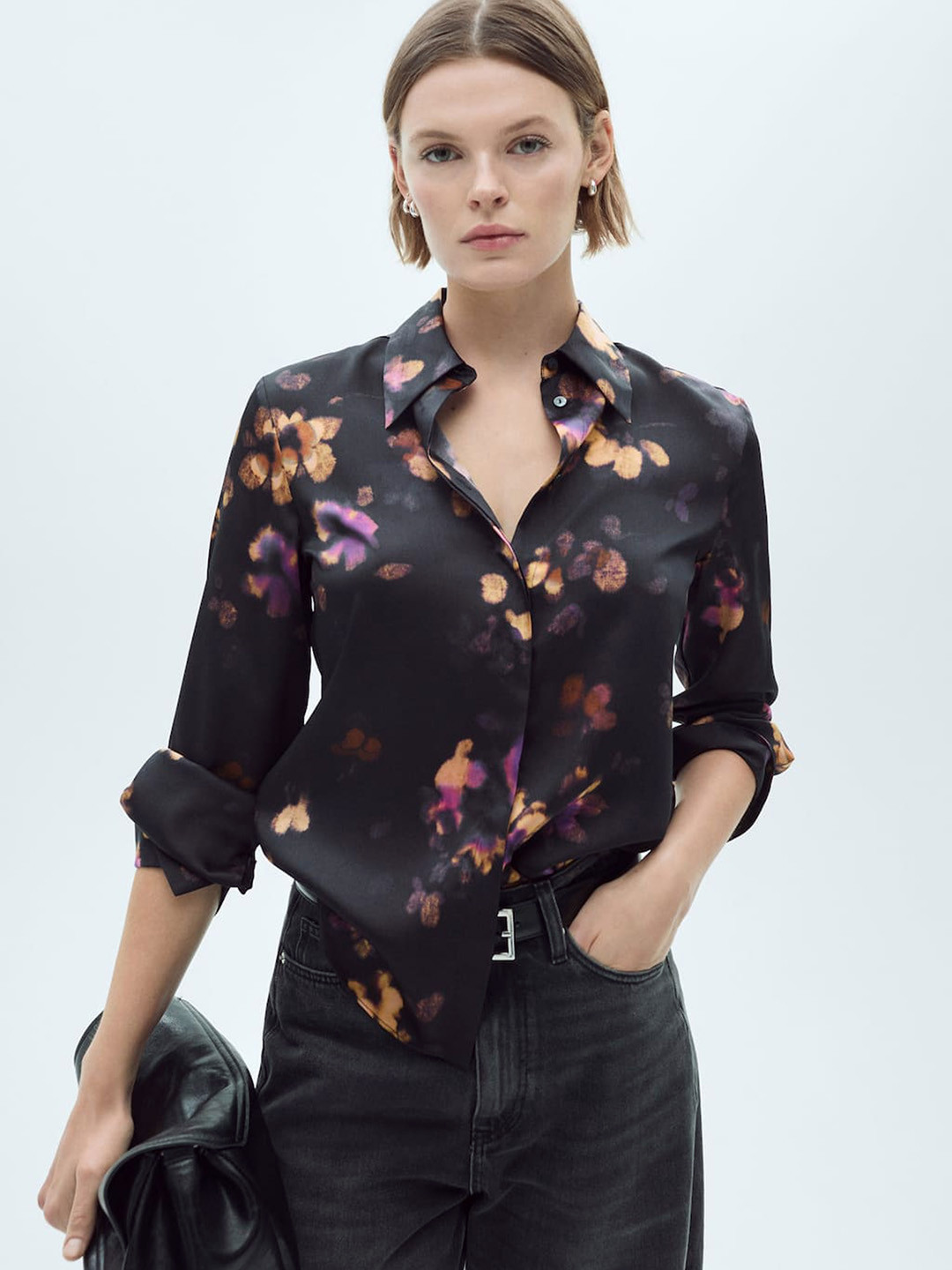 

MANGO Floral Printed Cuffed Sleeves Shirt Style Top, Black
