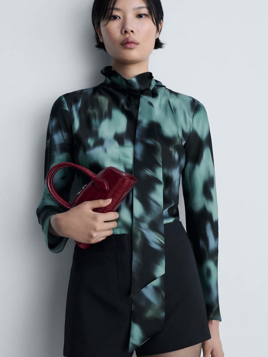 

MANGO Abstract Printed High Neck Top, Black