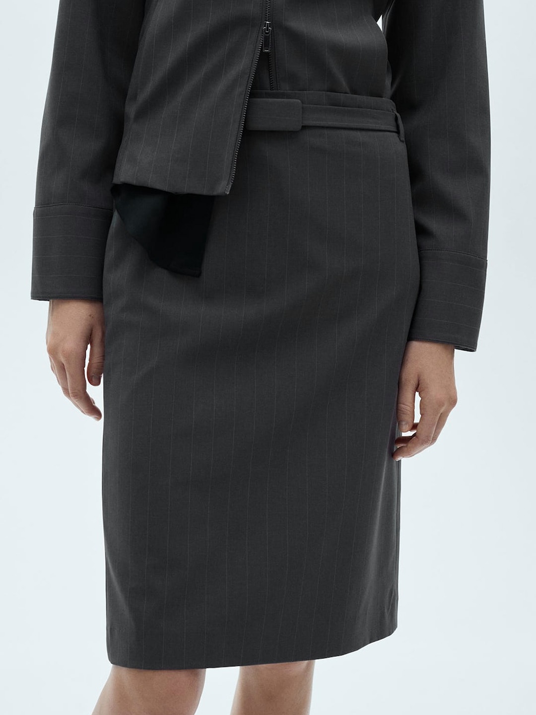 

MANGO Women Striped Straight Skirt, Grey