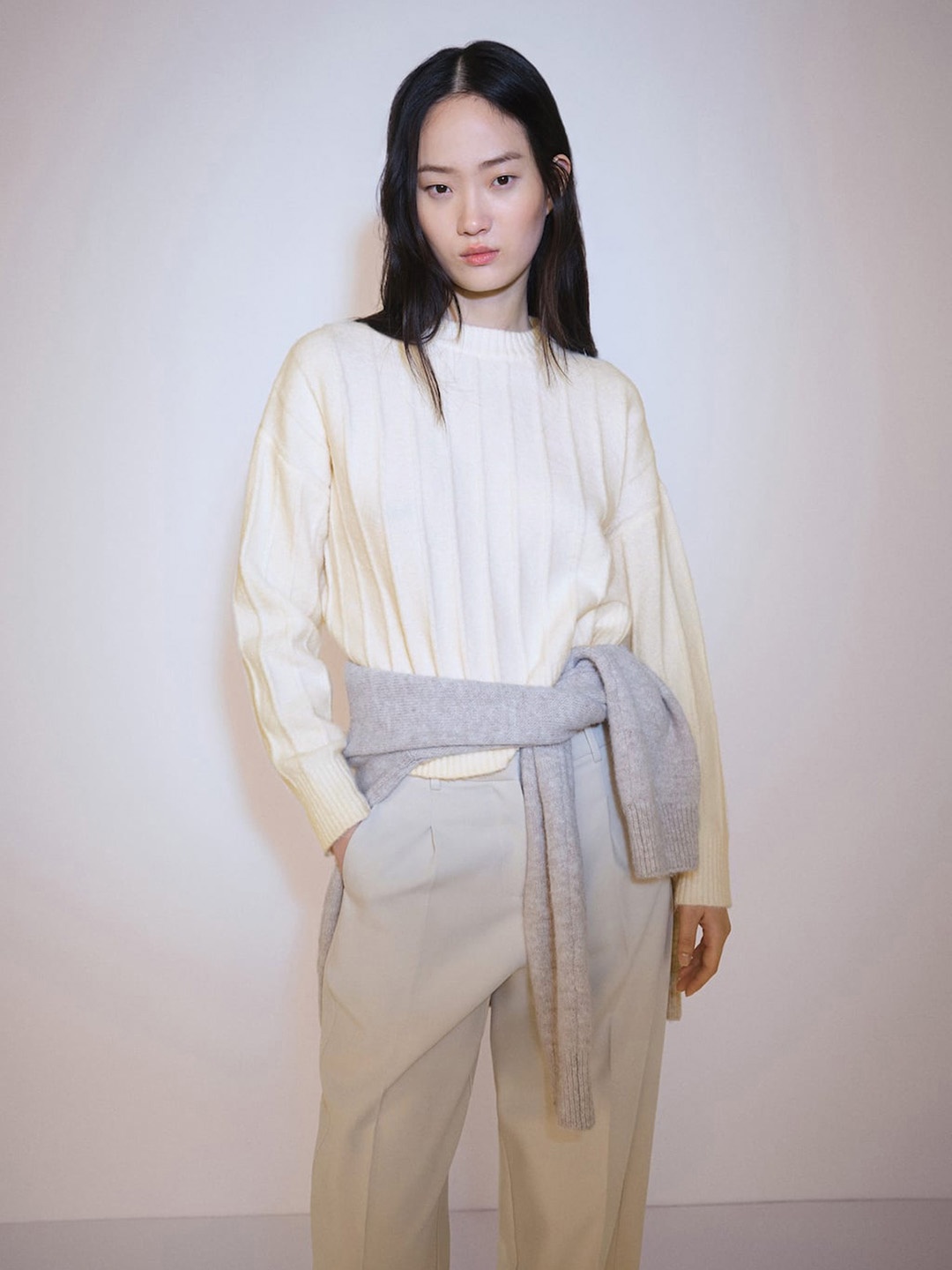 

MANGO Round Neck Ribbed Pullover Sweaters, Off white