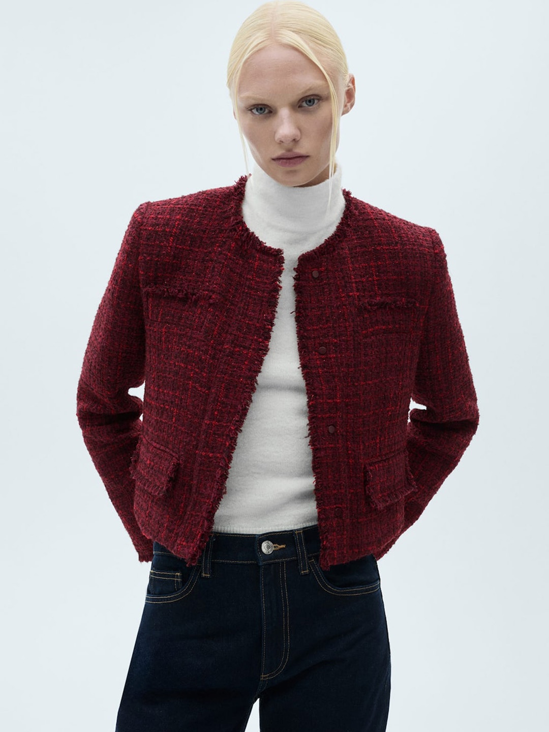 

MANGO Women Tweed Blazer, Maroon