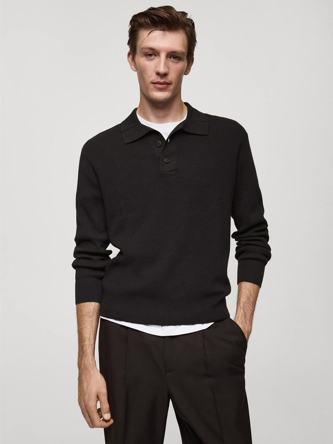 

MANGO MAN Ribbed Polo-Neck Pullover, Black