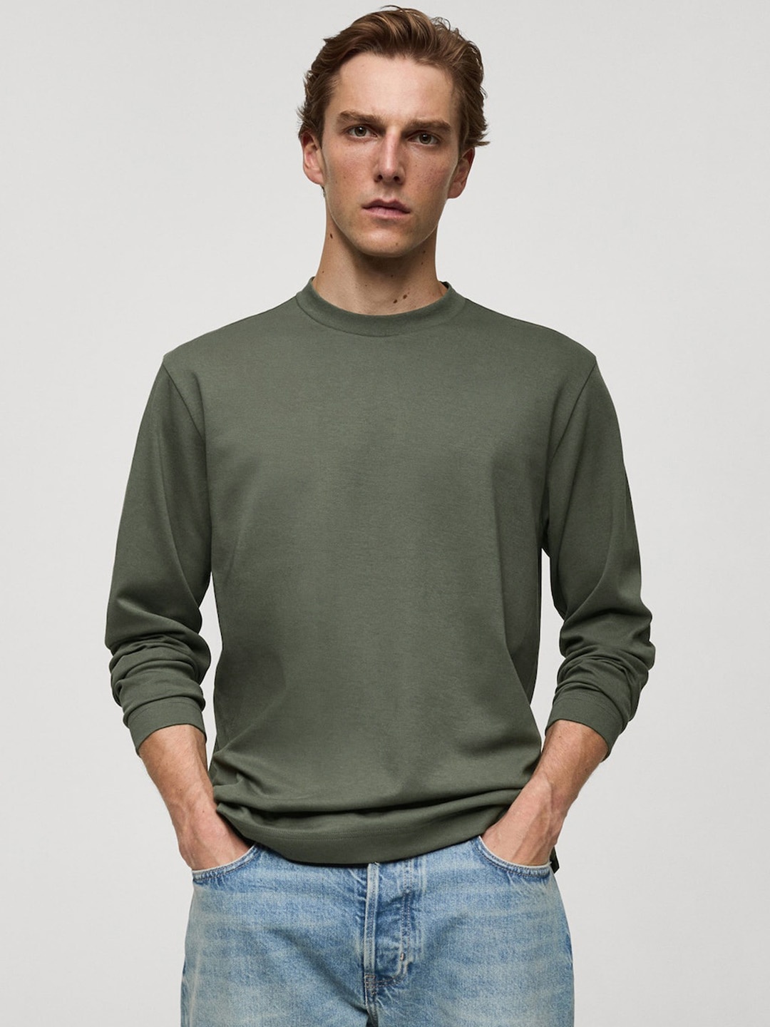 

MANGO MAN Solid Pure Cotton T-shirt, Olive