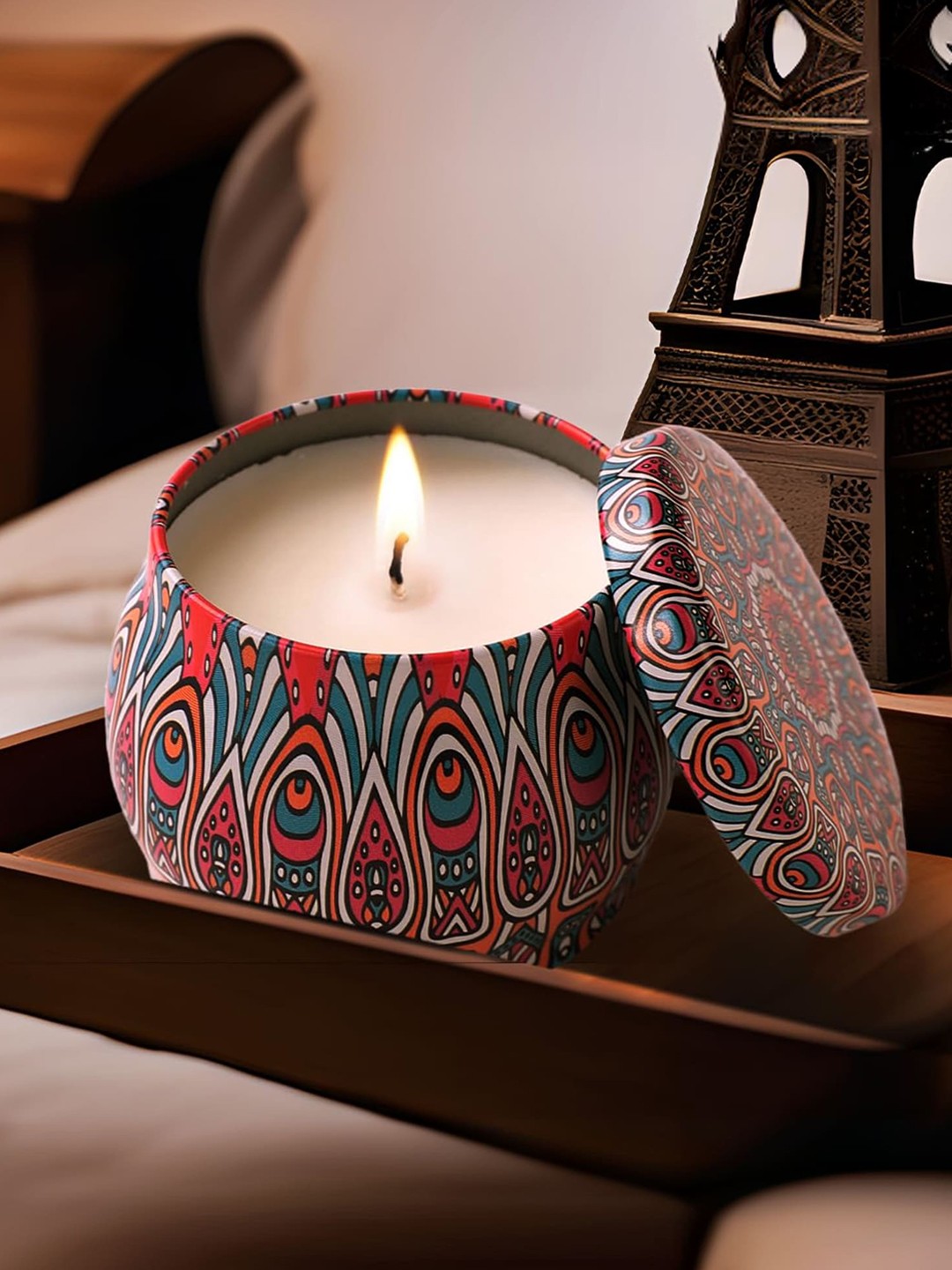 

andMe Blue & Red Printed Jar Candle With Tin Jar
