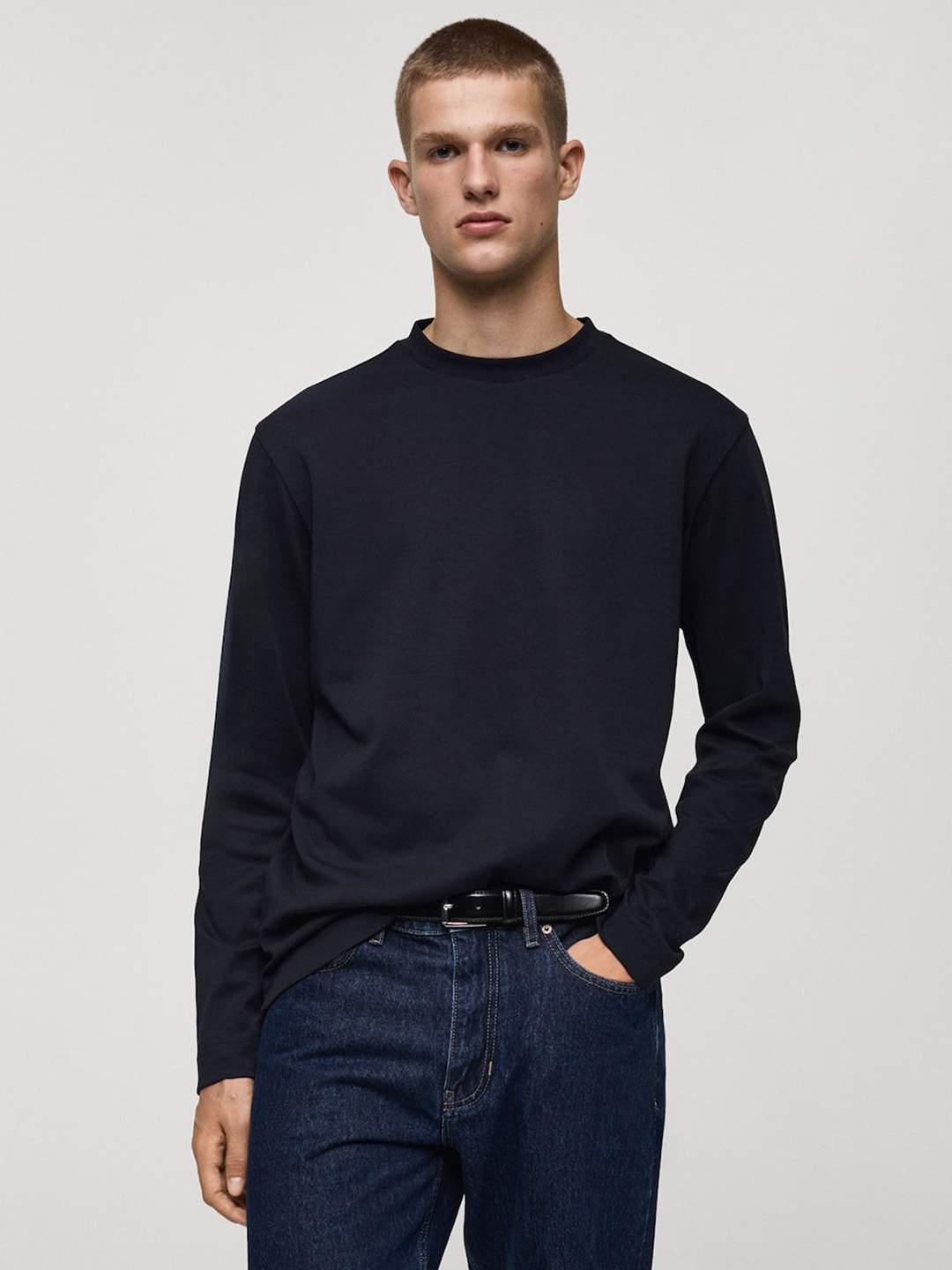 

MANGO MAN Solid Pure Cotton T-shirt, Navy blue
