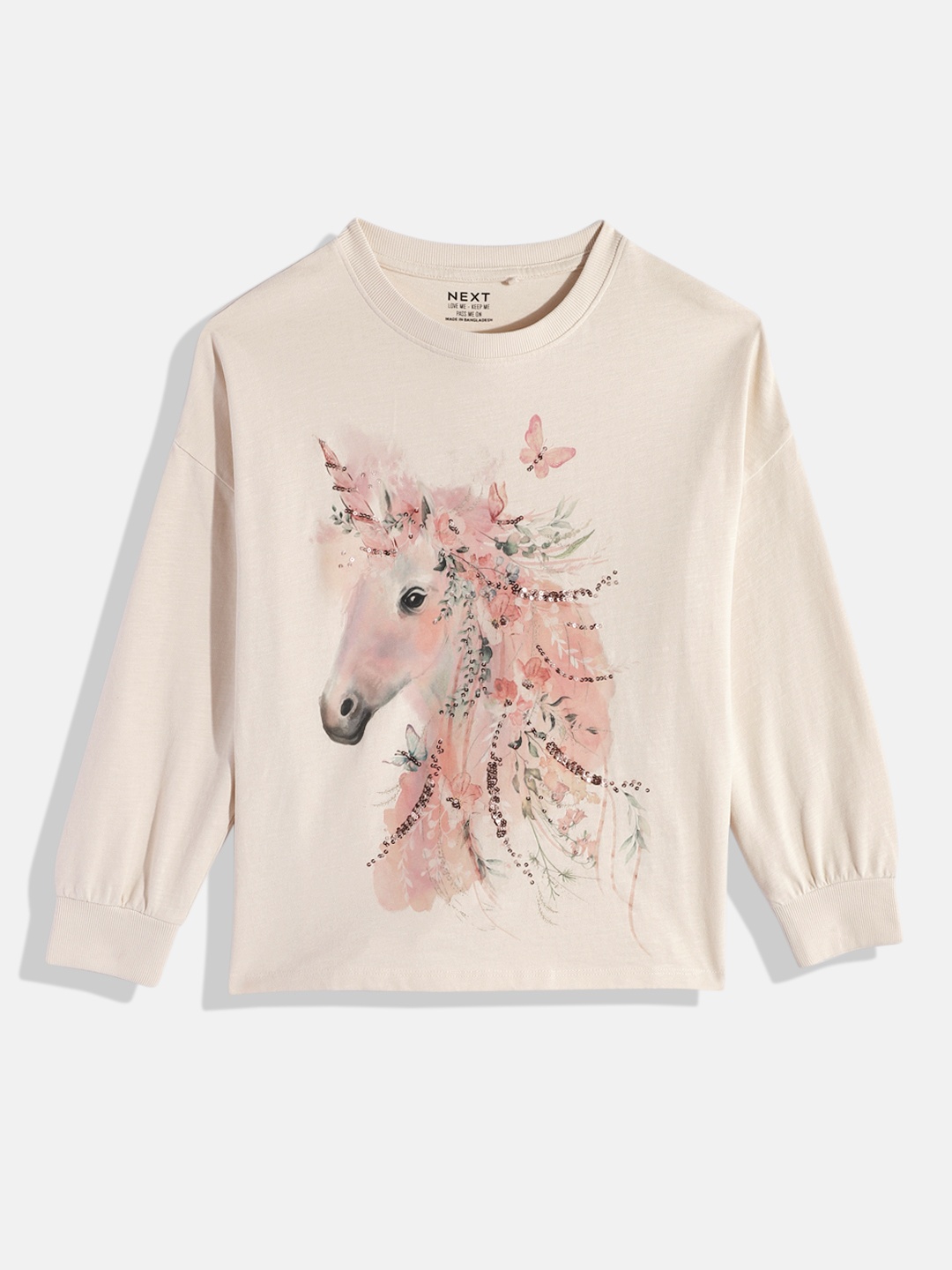 

NEXT Girls Sequinned Printed Drop-Shoulder Sleeves Pure Cotton T-shirt, Cream