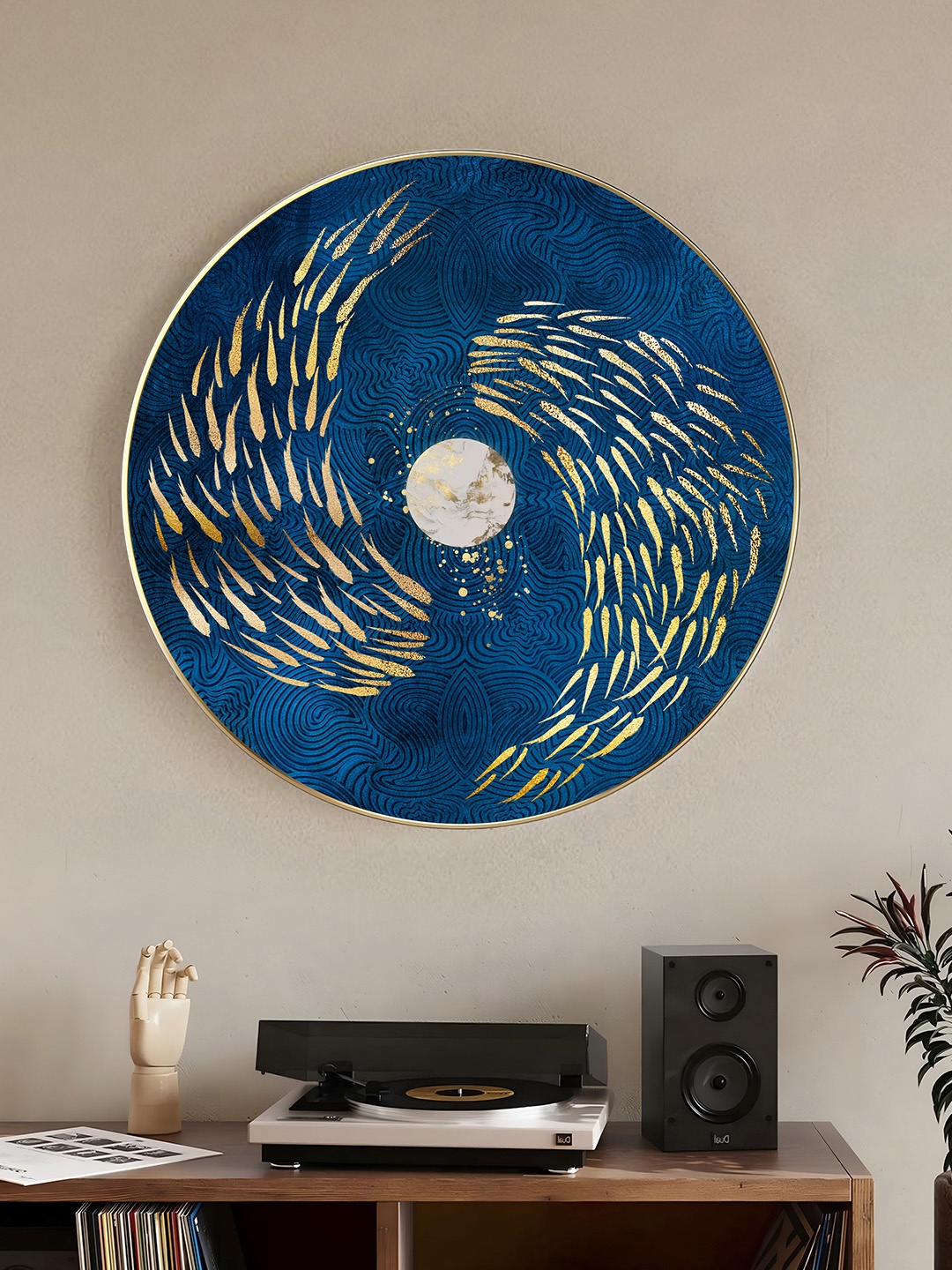 

Art Street Blue Paper Nordic Moon Fish Art Gold Ring Abstract Printed Wall Art