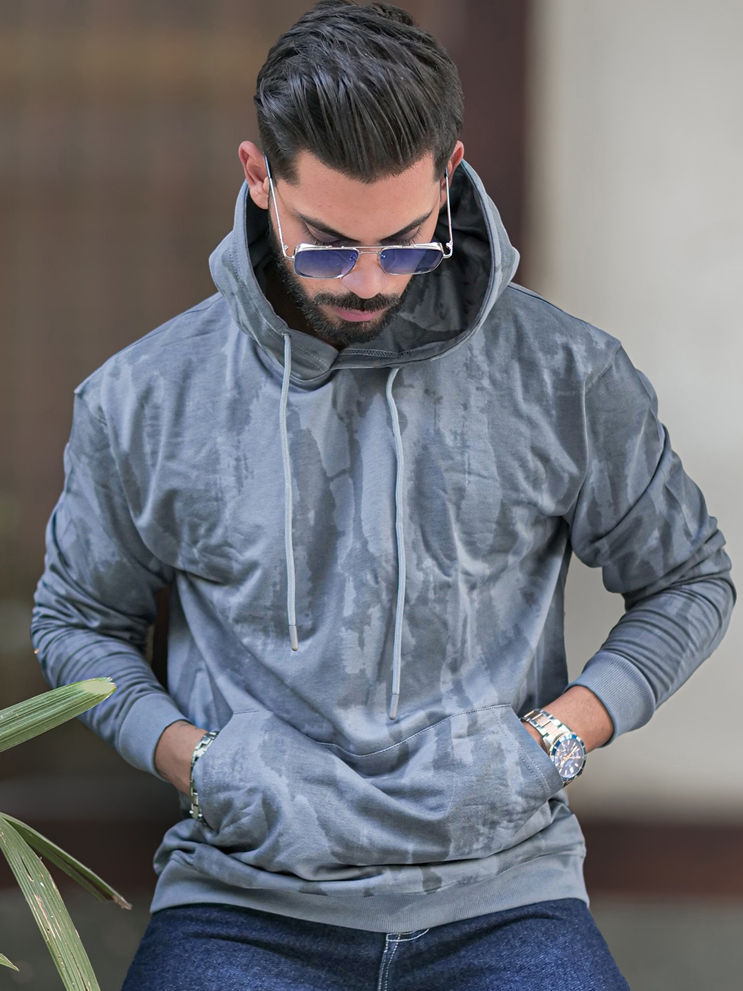 

Maniac Men Self Design Hooded Sweatshirt, Grey