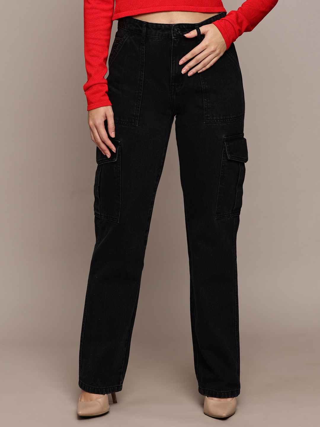 

French Connection Women Smart Relaxed Fit Cotton Jeans, Black