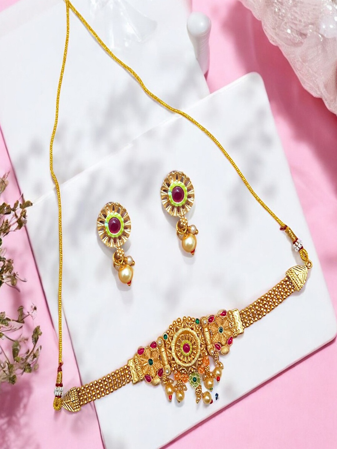 

AccessHer Gold-Plated Stone-Studded Necklace & Earrings