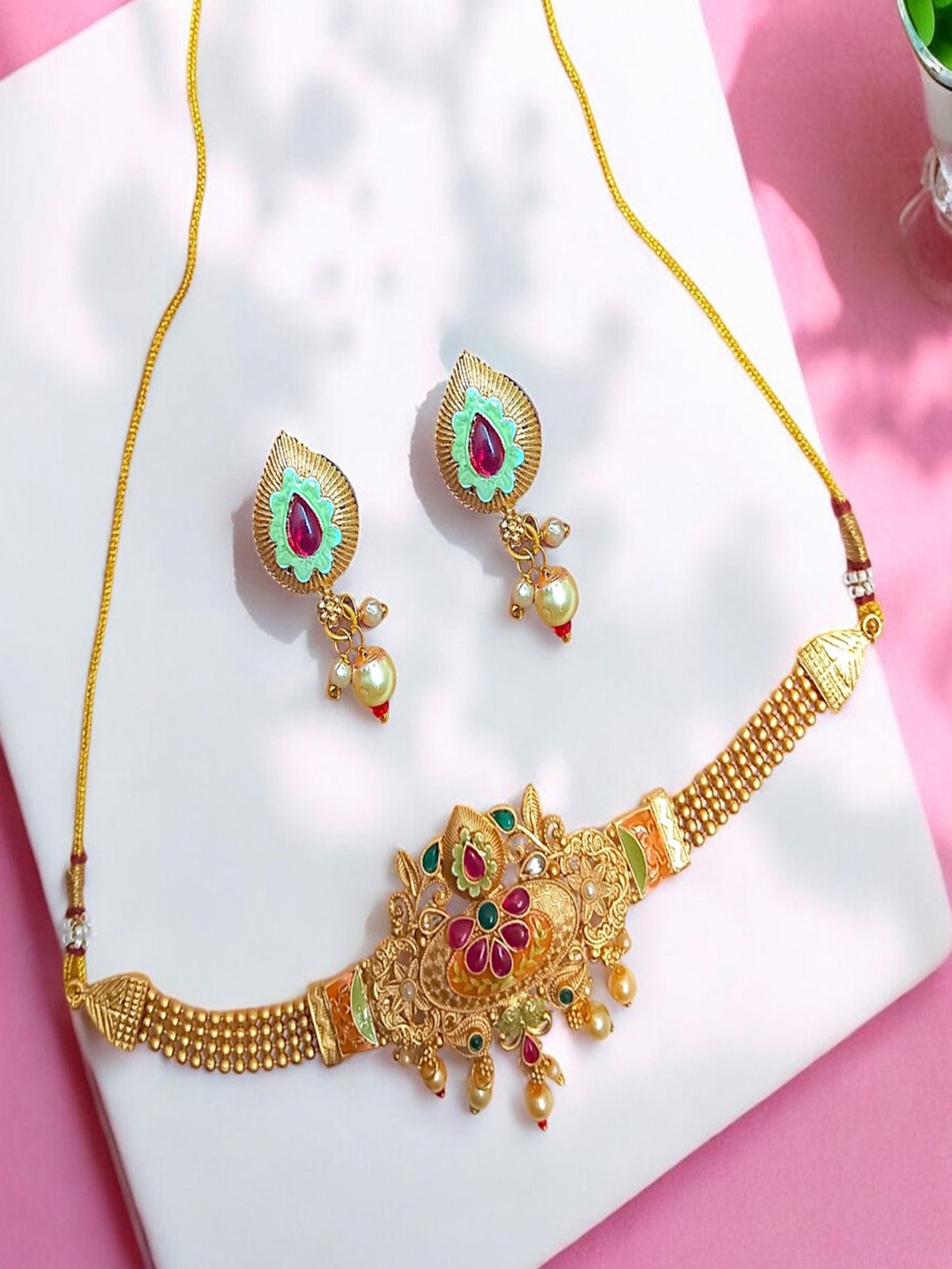 

AccessHer Gold-Plated Stone-Studded Necklace and Earrings