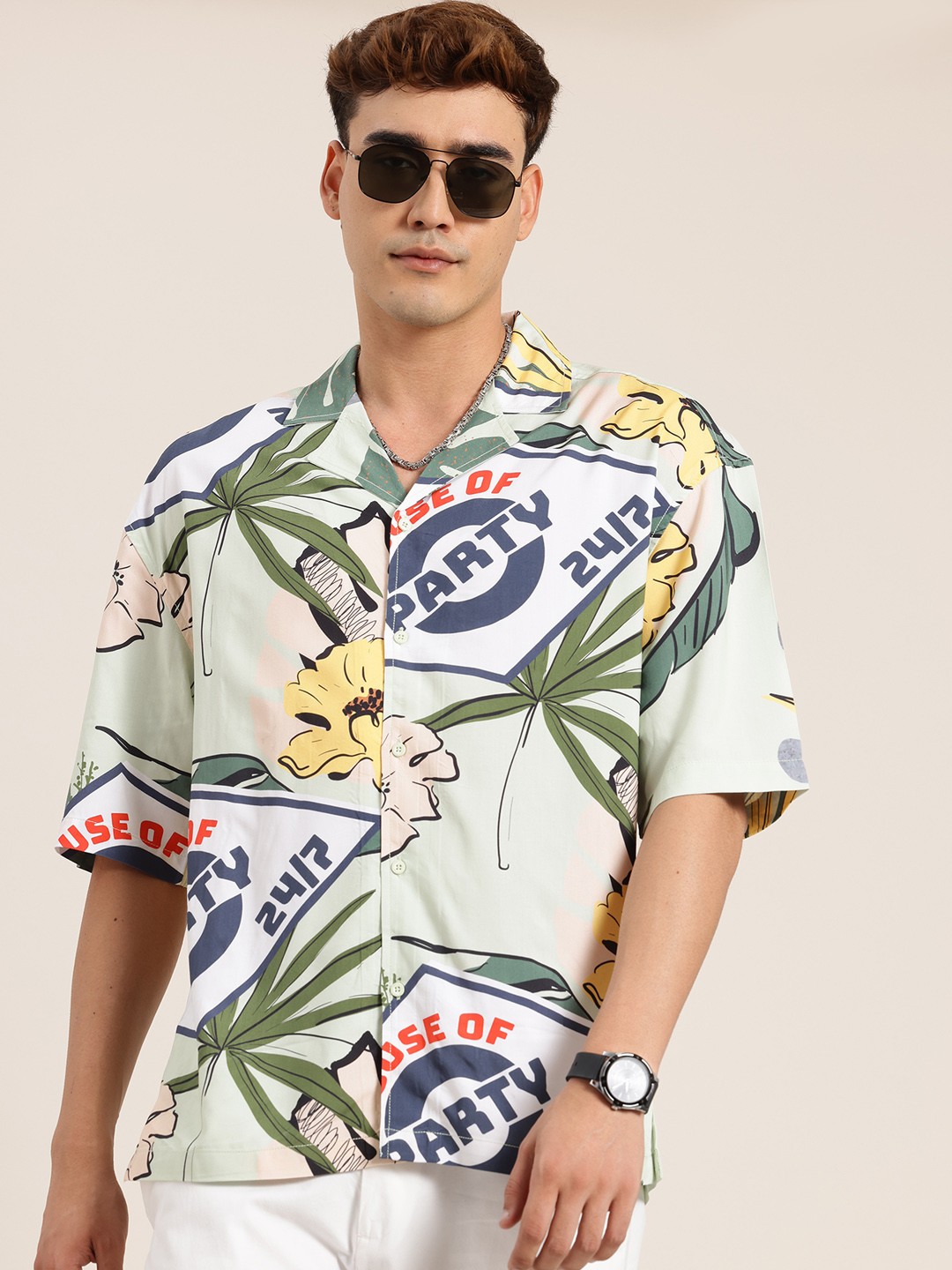

HERE&NOW Tropical Print Drop-Shoulder Sleeves Cuban Collar Slim Fit Casual Shirt, Green