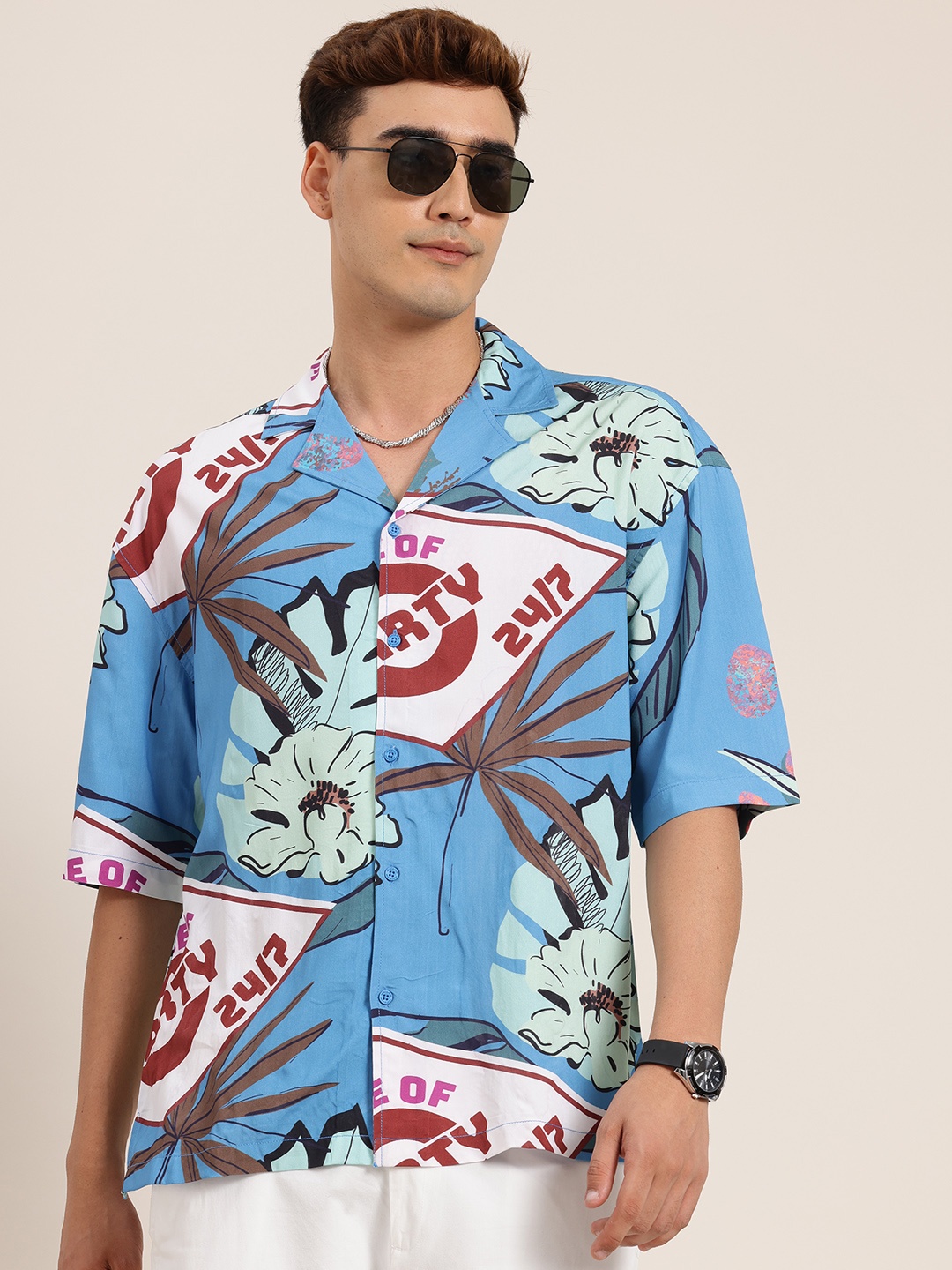 

HERE&NOW Tropical Print Drop-Shoulder Sleeves Cuban Collar Relaxed Fit Casual Shirt, Blue