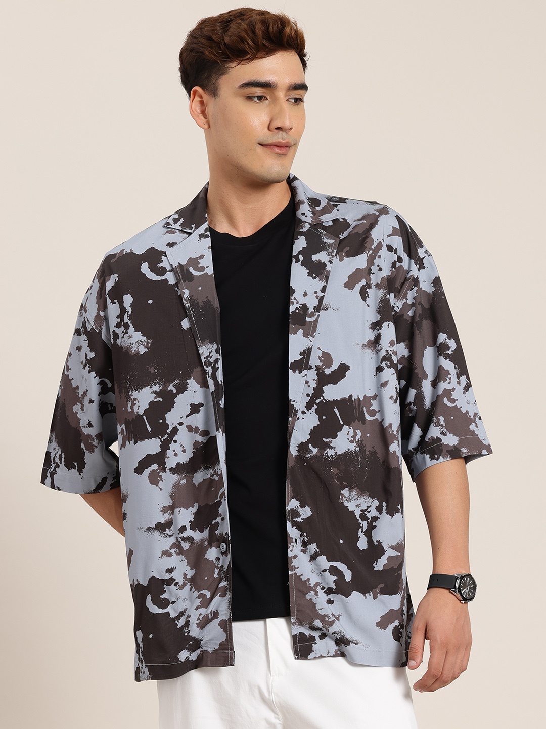 

HERE&NOW Camouflage Print Drop-Shoulder Sleeves Cuban Collar Relaxed Fit Casual Shirt, Blue