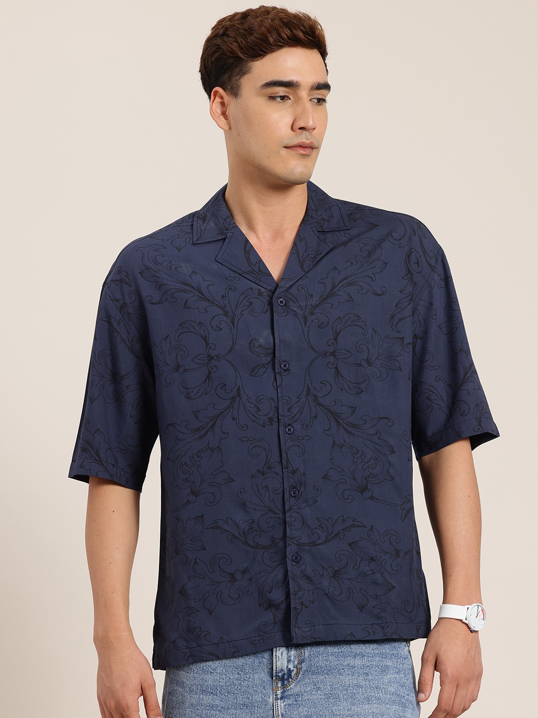 

HERE&NOW Printed Relaxed Shirt, Navy blue