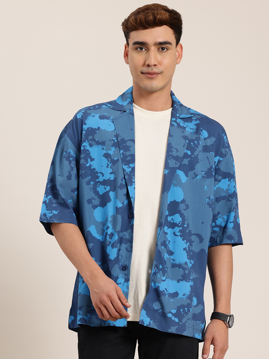 

HERE&NOW Printed Lapel Collar Shirt, Blue