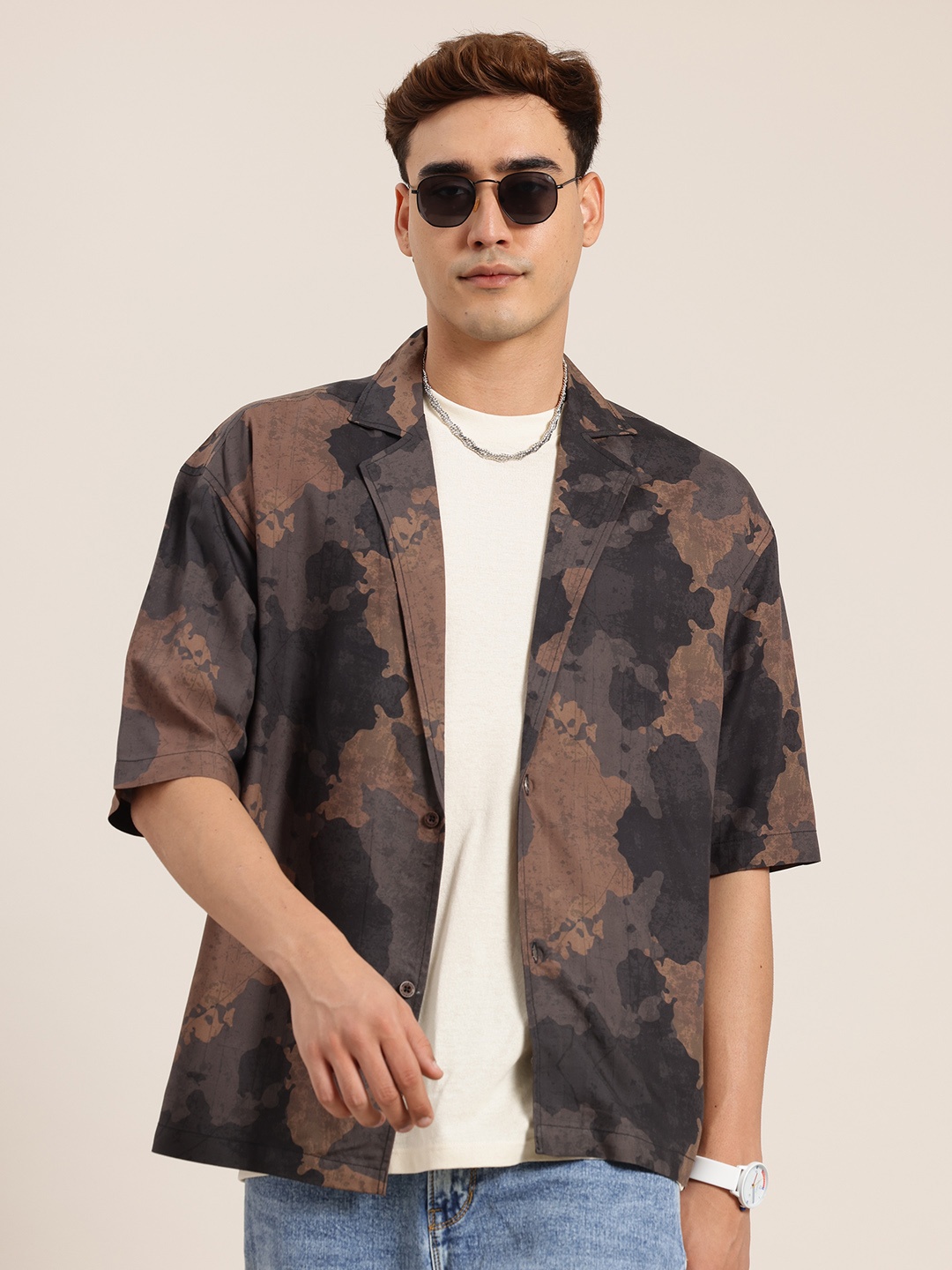 

HERE&NOW Printed Lapel Collar Shirt, Brown