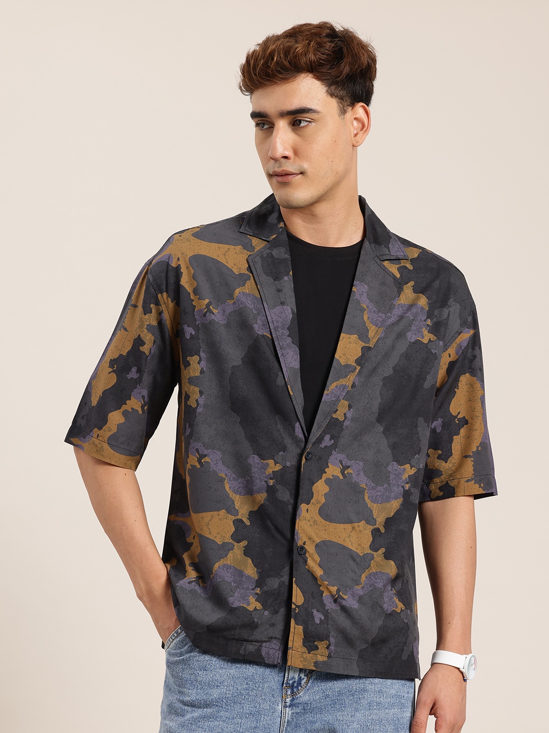 

HERE&NOW Printed Lapel Collar Relaxed Fit Shirt, Black