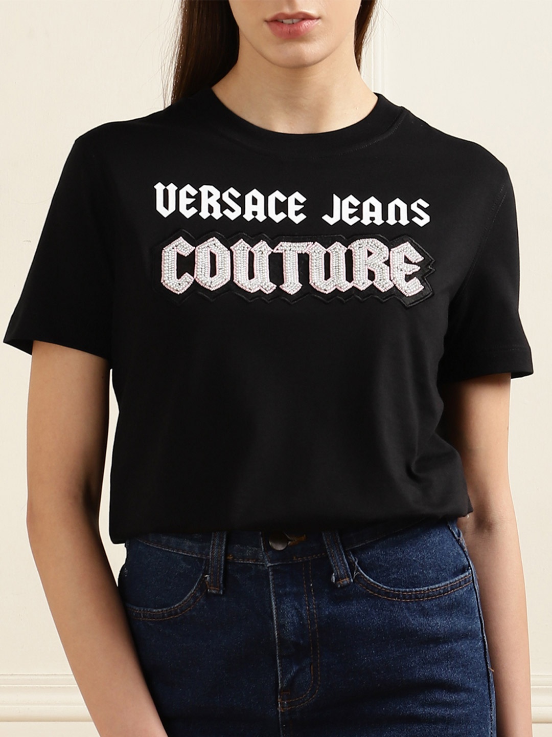 

Versace Jeans Couture Women Printed Applique Slim Fit T-shirt, Black