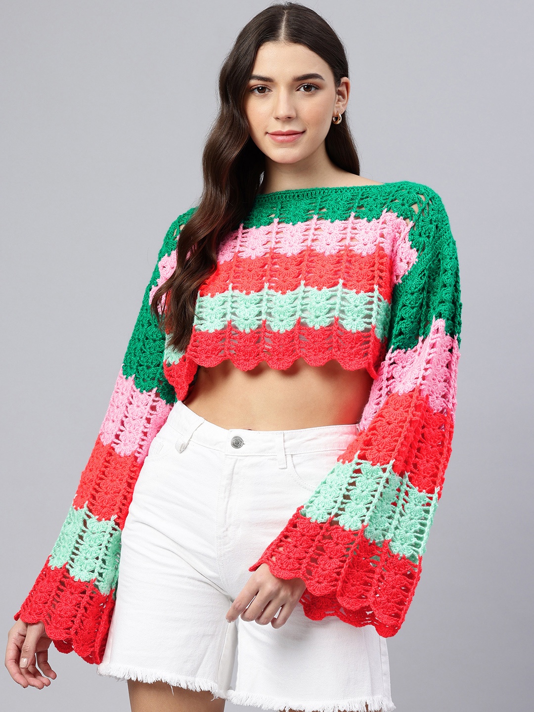

Magic Needles Colourblocked Flared Sleeve Recycled Cotton Crochet Crop Top, Green